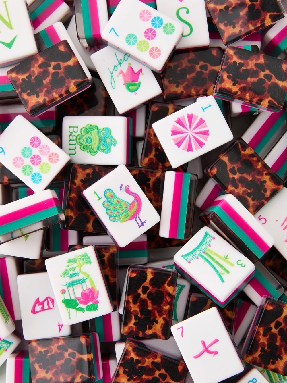 Tortoiseshell Mahjong Tiles Set with Pink, Teal & White Accents